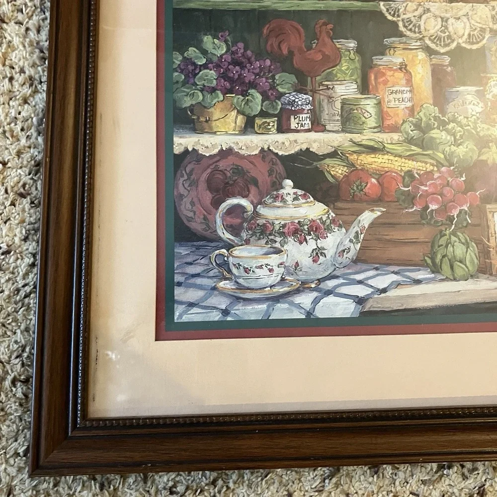 Home Interiors Farmers Market Matted Print Cherry Frame Vintage Cottage Core